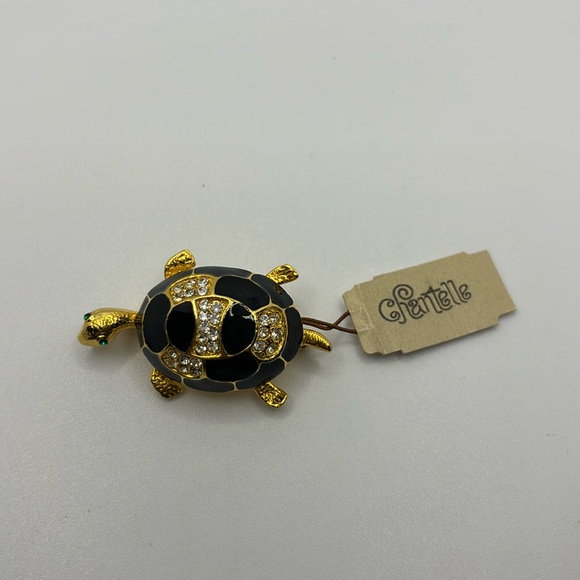 Chantelle Gold and Black Turtle Pin Faux Crystals Green Eyes Brooch‎ Tortoise - Picture 3 of 5